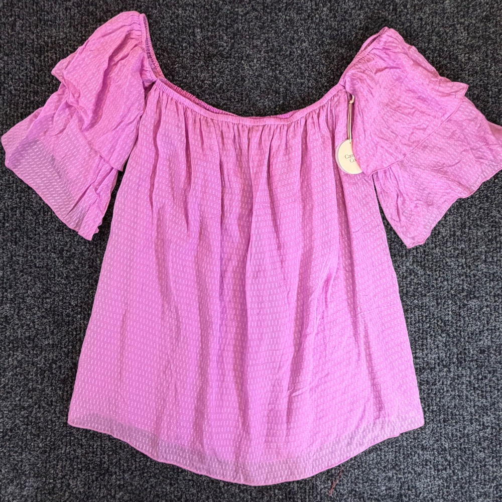 Camila Coelho Orchid Pink Off The Shoulder Ruffle Sleeve Clip Dot Blouse Medium